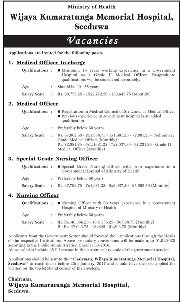 Medical Officer In-Charge, Medical Officer, Special Grade Nursing Officer, Nursing Officer - Wijaya Kumaratunga Memorial Hospital - Seeduwa	